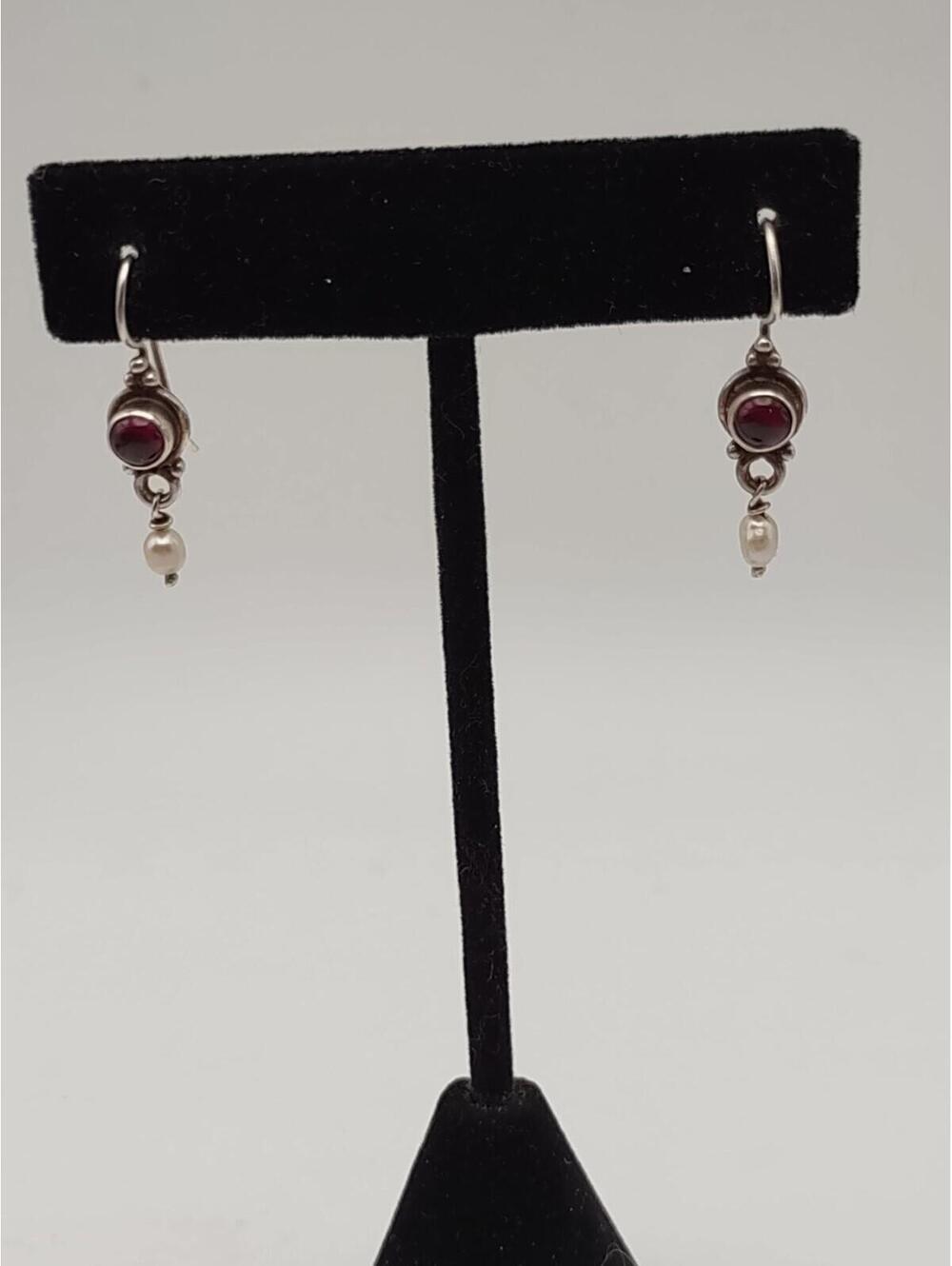 VTG Sterling Silver Wine Red Stone & Pearl Dangle Earrings